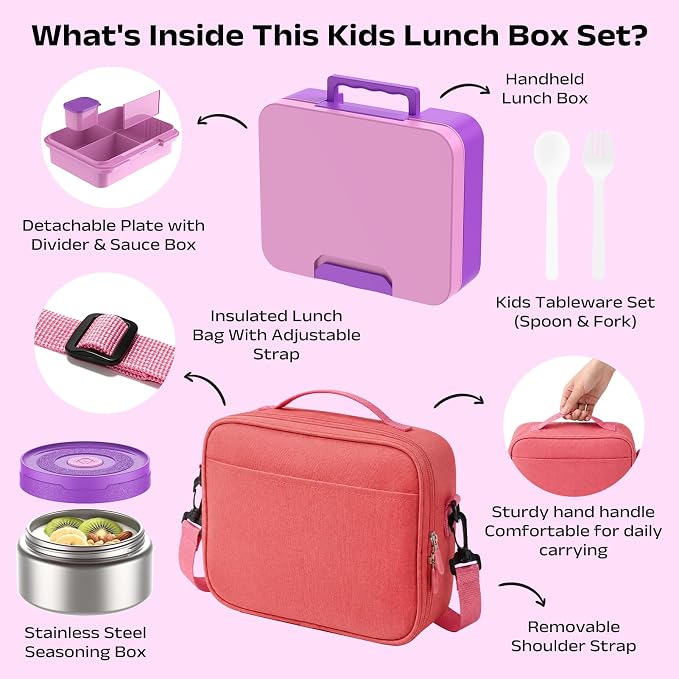 Bento Lunch Box Set for Kids with 8.5oz Hot Food Jar Leak-Proof Lunch Food Container with Insulated Lunch Bag for Toddlers Girls Boys Teens to School, Office, Picnic, Camping, Travel - Purple