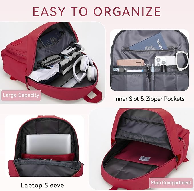 VASCHY School Backpacks, Lightweight Bookbag Schoolbag for Girls Casual Basic Simple Daypack for Women Red