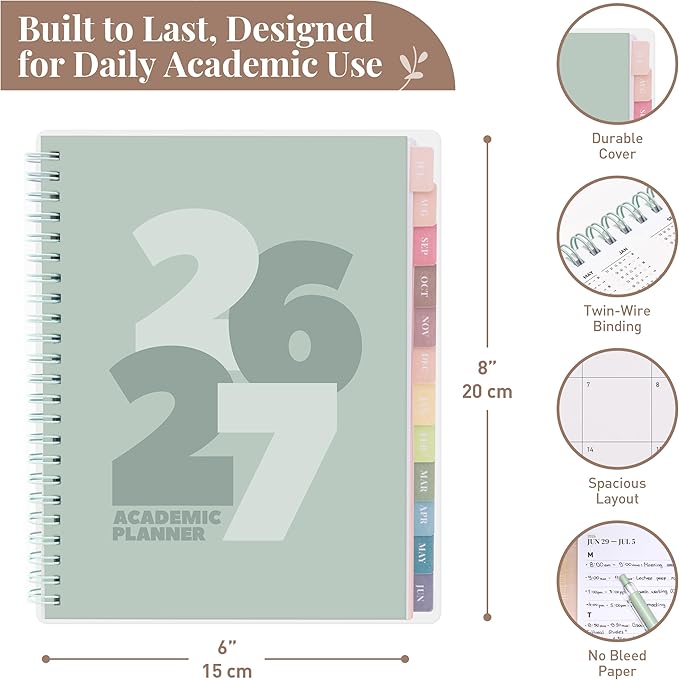 Rileys Academic Planner 2026-2027, Daily, Weekly & Monthly Planner, July 2026 - June 2027, Student Notes Pages, Twin-Wire Binding, Weekly Agenda for School & Work (8 x 6-Inches, Chunky, Green)