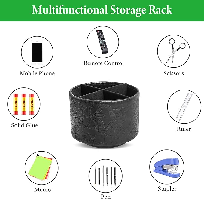 Round Leather Art Supply Organizer,Remote Control Holder,360 Degree Spinning,Multi-Functional Pencil Holder,4 Compartments Desktop Stationary Organizer(1-Carved Black)