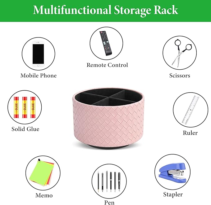 Round Leather Art Supply Organizer,Remote Control Holder,360 Degree Spinning,Multi-Functional Pencil Holder,4 Compartments Desktop Stationary Organizer(1-Weave Pink)