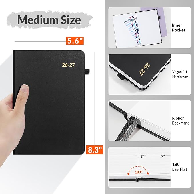 SUNEE 2026-2027 Weekly & Monthly Hardcover Planner 5.5" x 8.3" - 12 Month (July 2026 - June 2027), Small Academic Year Calendar Planner, Pocket, Notes, 100 GSM Paper, Black