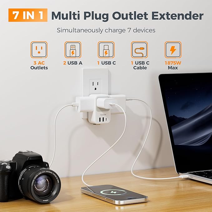 TESSAN USB C Charger Block, Multi Plug Wall Outlet Extender with 3 USB, Retractable USB-C Cable, 3 Side Multi Port Adapter for Cruise, Bathroom, Office, Dorm Essentials