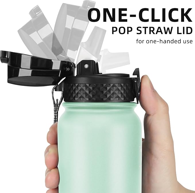 Fanhaw 20 Oz Kids Insulated Stainless Steel Water Bottle with Straw Lid, Leakproof & Anti-Dust Everyday Use Bottle for School, Women & Men, Back to School Essentials (Green Pink)