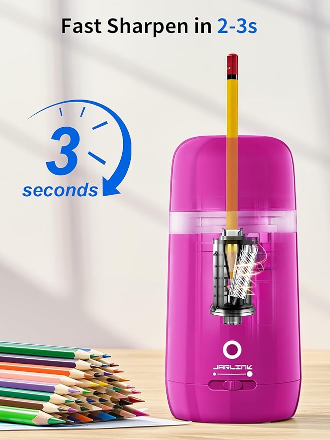 JARLINK Automatic Electric Pencil Sharpener - Hands-Free Operation, 3 Sharpness Modes, 3-Second Sharpening, Rechargeable & Portable for 7-12mm Pencils, Ideal for Classroom and Home Use (Pink)
