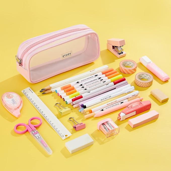 KALIDI Grid Mesh Pencil Case Pouch Large Capacity Pencil Bag with Zipper | Big Pencil Pouch Pink Simple Stationery Bag Aesthetic Pen Bag for School Teen Girl Boy Multi-Purpose Bag for Office Men Women