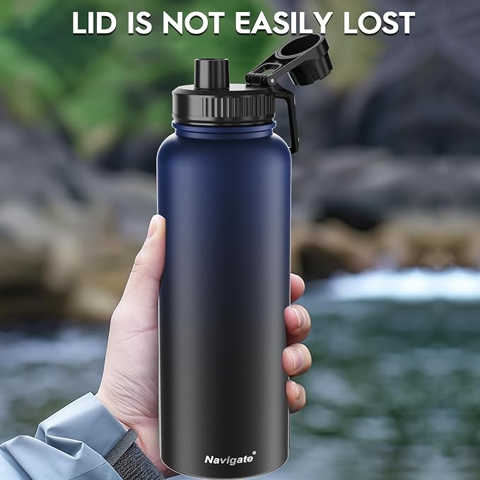 Navigate 40oz Insulated Water Bottle for Sports, Keep Cold 24H | 2-in-1 Spout and Handle Lids, Double Leak-Proof, 18/8 Stainless Steel, BPA-Free, Wide Mouth for Hiking,Blue to Black