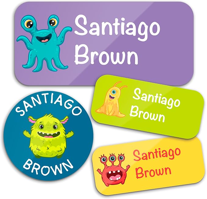 Personalized Waterproof Name Labels for Kids | Optional Packs 50, 150, 230 Labels | Custom Name Stickers for Kids' Clothing Tag, Water Bottle, Lunch Box, Customize Kid Name Label for Daycare Monsters
