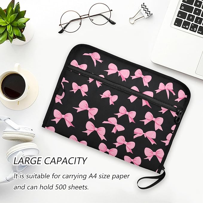 Pink Bow Black Background Pattern 13 Pocket File Organizer Expanding File Folder with Front Pouch Portable Business File Storage Document Organizer Folder with Zipper