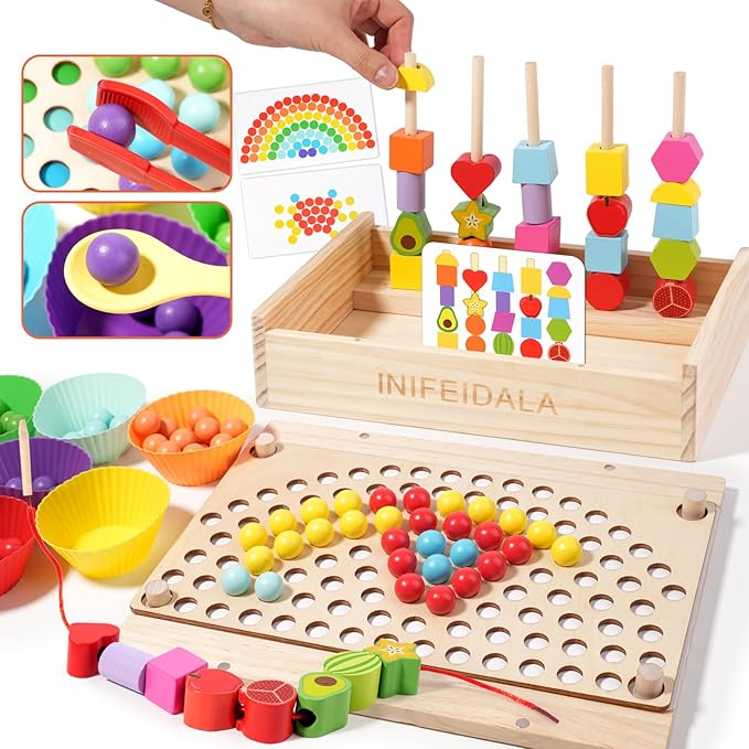 INIFEIDALA Montessori Toys for 3 4 5 Year Old,Stacking Blocks,Lacing Beads & Shape Stacker,Wooden Beads Sequencing Toy Set,Fine Motor Skills & STEM Preschool Learning Gifts for Toddlers Boys & Girls
