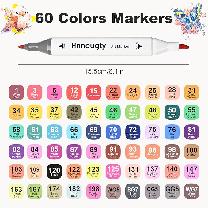 Hnncugty Alcohol Markers Set 60 Colors, Dual Tips Coloring Art Markers Set with Case & Holders, Chisel & Fine Artist Sketch Pens Art Supplies for Adult Coloring Books, Drawing, Painting, Sketching