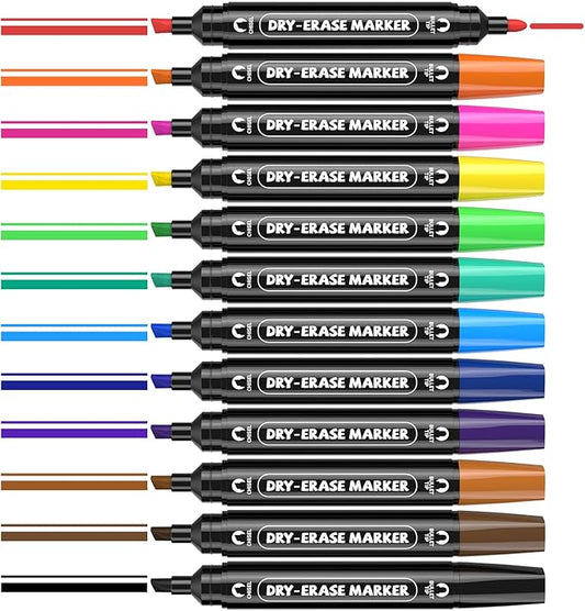 AKARUED 12 Colorful Dry Erase Markers: Dual Tip Dry & Wet Erase Marker With Thick Chisel& Bullet Tip, Double Sided Vibrant Whiteboard Markers for Whiteboard,Glass Board,Home,Office,Classroom Must-Have