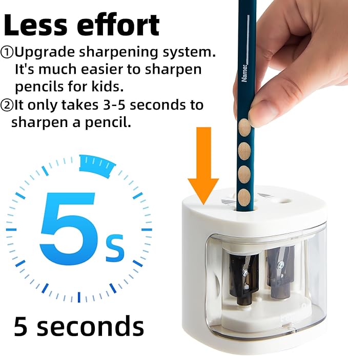 tenwin Electric Pencil Sharpener, Dual Hole Pencil Sharpeners Battery Powered, Small&Portable, Fit for 6-12mm No.2/Colored Pencils, Kids, School/Home (White)