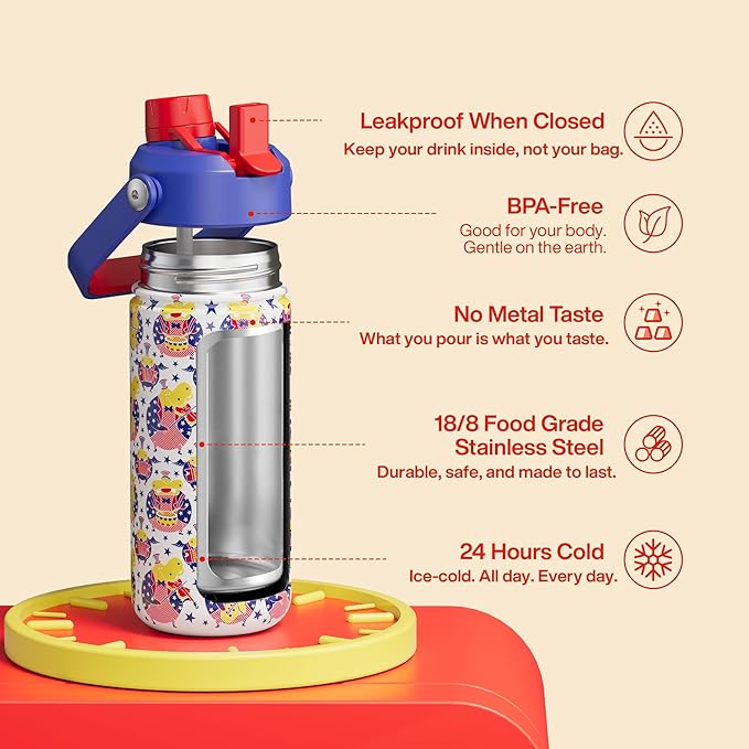Kids Insualated Water Bottle with Straw,18oz Stainless Steel Water Bottle with Dual Spouts, Leak-Proof,BPA-Free,Double Wall Vacuum Keeps Cold for 24 Hours for Sports,Travel,School (White Hippo Parade)