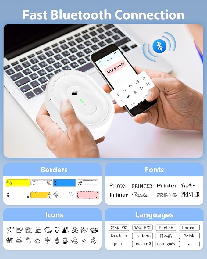 N12 Label Maker Machine with 1 Tape Mini Thermal Label Printer, White | Labeler Machine Available for Phone, Portable Label Maker Rechargeable Labeling Machine for Office School Home Organization