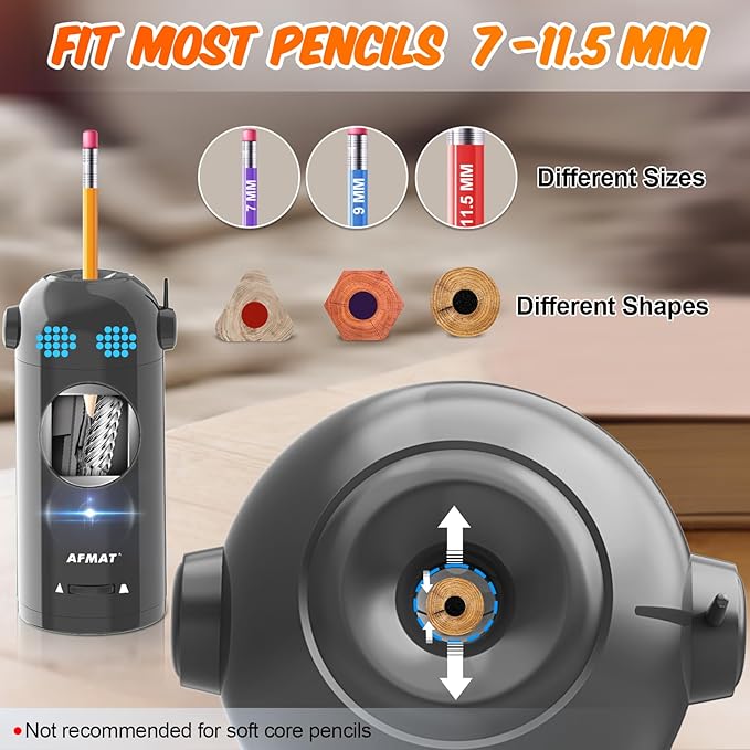 AFMAT Electric Pencil Sharpener, Fully Automatic Colored Pencil Sharpener for 7-11.5mm Pencils, Auto in & Out, Robot Pencil Sharpeners for Kids, Rechargeable Hands-Free with Dotted Eyes, PSX5ET, Gray