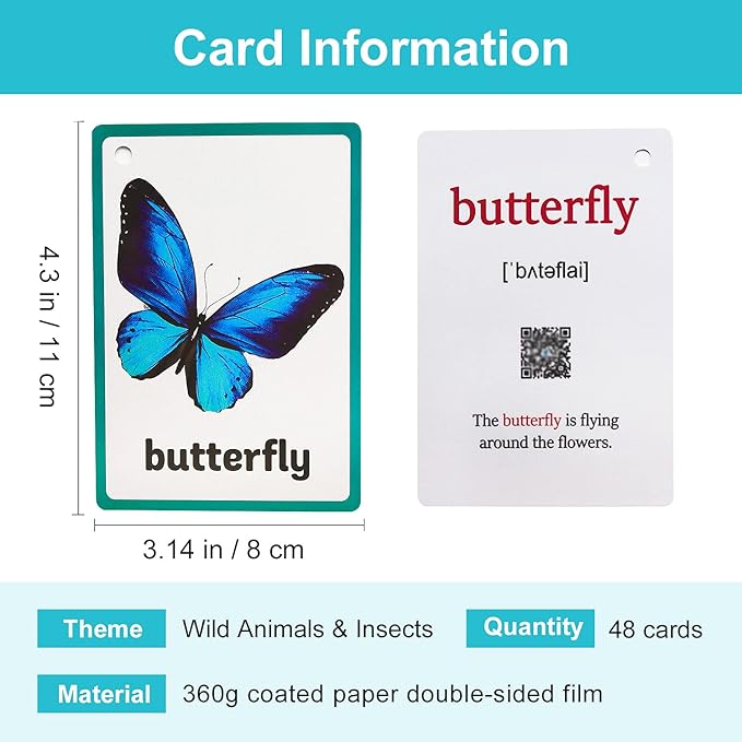 Lilias Wild Animals & Insects Flash Cards, Toddler Learning Toys, Preschool Learning Toys, Homeschool Supplies, Learning Supplies for Kindergarten, 4.3 X 3.14 Inch, 48 Cards in Set