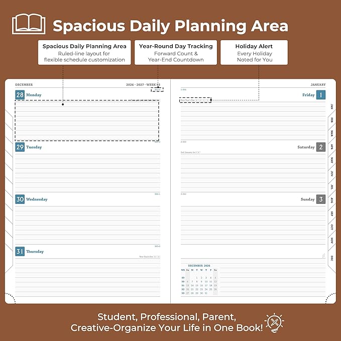 Planner 2026-2027 Daily Weekly and Monthly,11.5"x8.5",18 Months Spiral Bound Calendar Agenda with Self-adhesive Pen Holder,2026 Academic Plan with Vegan Leather Soft Cover,Brown