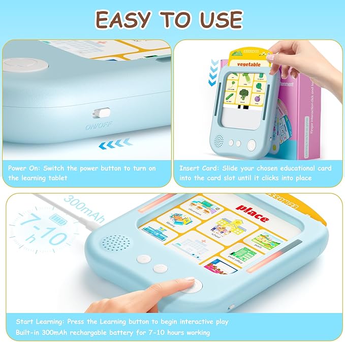 Interactive Educational Learning Tablet Toy for Kids,Screen-Free Phonics Learning Toy with 30 Flash Cards for Alphabets, Numbers, Words, Animals, Learn to Read for Boys Girls 3-5 Years Old, Blue