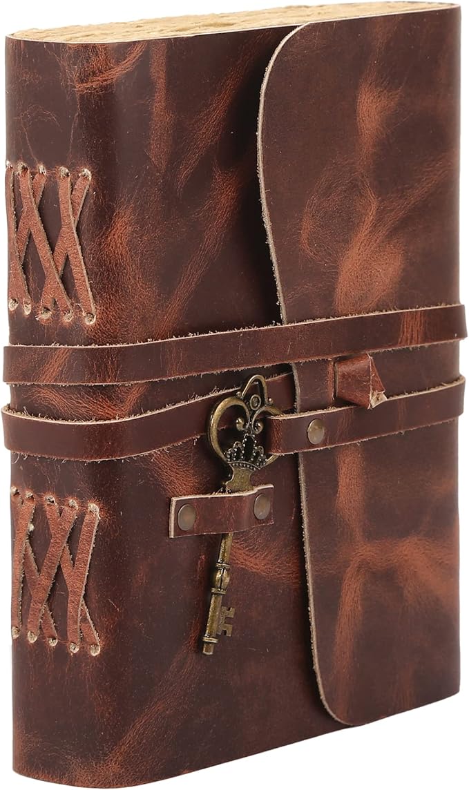 Leather Journal with Deckle Edge Paper 8x6 inch and Vintage Key | Handmade Writing Notebook Diary | Bound Daily Notepad for Men & Women Medium, Sketch/Writing pad for Artists