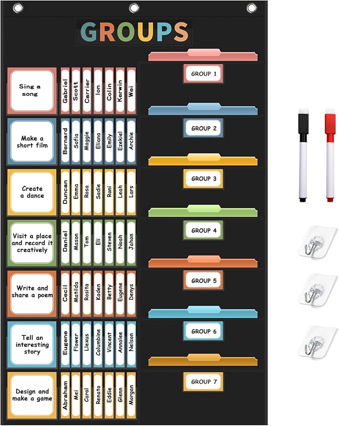 REGELETO Boho Small Group Management Pocket Chart with 114 Cards, Large Size 46 x 26.3 inch Classroom Small Group Organizer for School Teacher Homeschool Learning Supplies (Black)