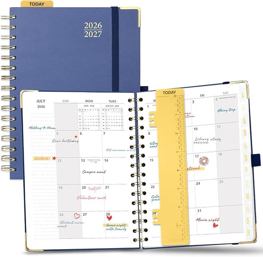 POPRUN 2026-2027 Monthly Planner, 18 Month Calendar (July 2026-Dec 2027), 6.25" x 8.5" A5 Spiral Hardcover Organizer with Dotted Note Pages, Professional Appointment Book for Business Office, Students & Teachers - Navy Blue