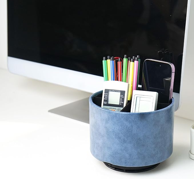 Round Leather Art Supply Organizer,Remote Control Holder,360 Degree Spinning,Multi-Functional Pencil Holder,4 Compartments Desktop Stationary Organizer(1-Oil Blue)