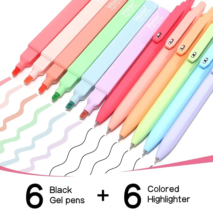 Vitoler Highlighters and Gel Pens Set，Assorted Colors Chisel Tip Quick Dry | 12 Pack Aesthetic Highlighters and 0.5mm Black Ink Pens for Study, Journaling and Office Supplies