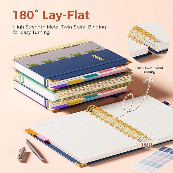 XYark A4 Hardcover Spiral Notebook, 8.5"x11" College Ruled Notebooks with Removable Divider Tab & Ruler, 5 Subject Notebook 300 Pages, Large Lined Journal for Women Men School Work Office, Noble Blue
