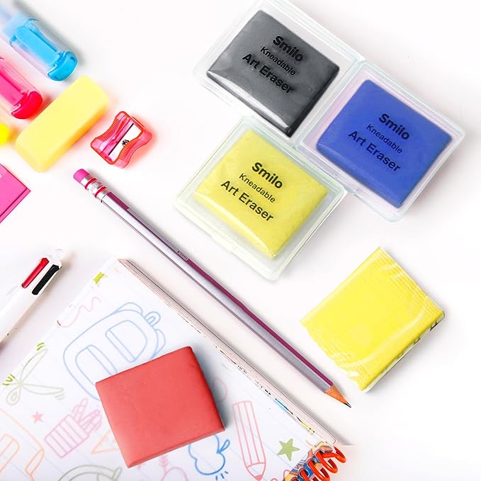 Smilo Kneaded Erasers for Artists, 8-Pack (4 Colors - 2 Each) | Reusable, Dust-Free, No Smudge | Moldable Putty Eraser with Case | Ideal for Drawing, Sketching, Students（Red,Blue,Yellow,Grey）