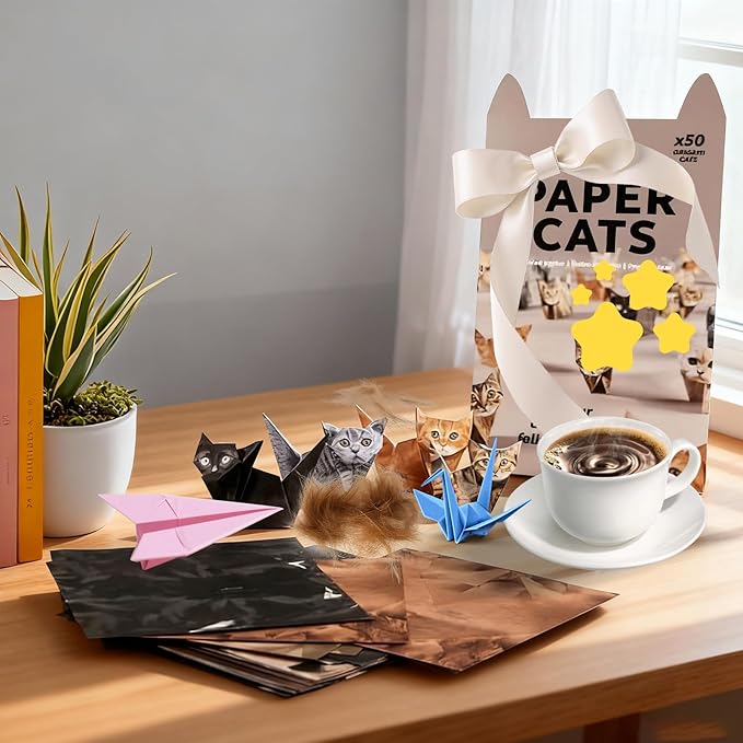 DIY Paper Cats Origami Kit - 50 Sheets DIY Paper Origami to Fold Your Own Cute Cat Figures - Perfect Desk Origami Cats Decoration & Creative Gift for Kids, Adults & Cat Lovers