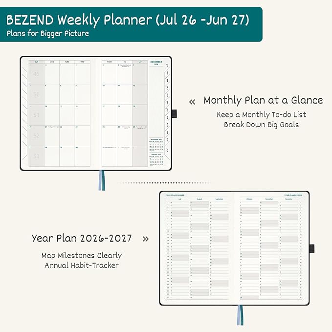 BEZEND Weekly Planner 2026 2027 Dot‑Grid Journal in One (5.5" x 8.5") 12 Month Academic Calendar with Tabs (Jul.26-Jun.27) for Student/School, 100gsm Thick Paper, PU Leather Hardcover - Teal