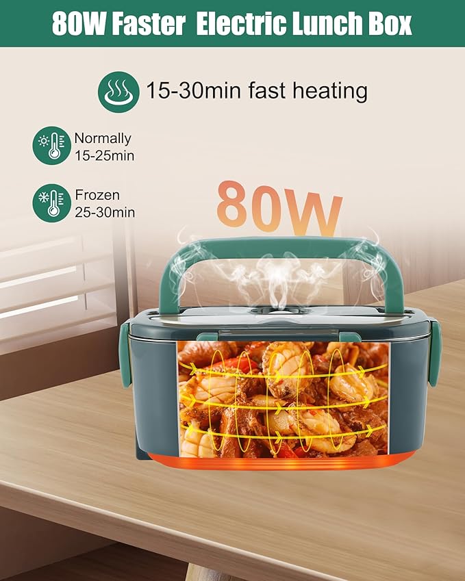 Buddew Electric Heated Lunch Box, 80W Fast Heating with Dual 1.5L Food-Grade 304 Stainless Steel, 12V/24V/110V Portable Food Warmer for Car Truck Office Adults, Lonchera Electrica Portatil (Green)