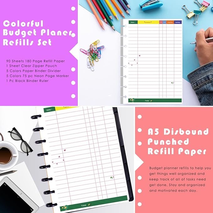 Rancco Junior Budget Planner Refills, 180 Pages 8 Rings Punched Half Letter Financial Paper Inserts w/Index Tabs, Index Dividers, Loose-Leaf Bag, Ruler For Circa, Arc, TUL, Happy Planner, 5.5x8.5"