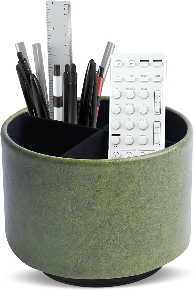 Round Leather Art Supply Organizer,Remote Control Holder,360 Degree Spinning,Multi-Functional Pencil Holder,4 Compartments Desktop Stationary Organizer(1-Oil Bamboo)