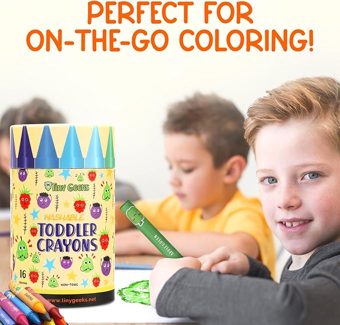 TinyGeeks Jumbo Crayons (16 Colors) – Non-Toxic, Washable, Easy-to-Hold Art Supplies for Toddlers and Kids – Perfect for Travel, Learning, and Creative Play