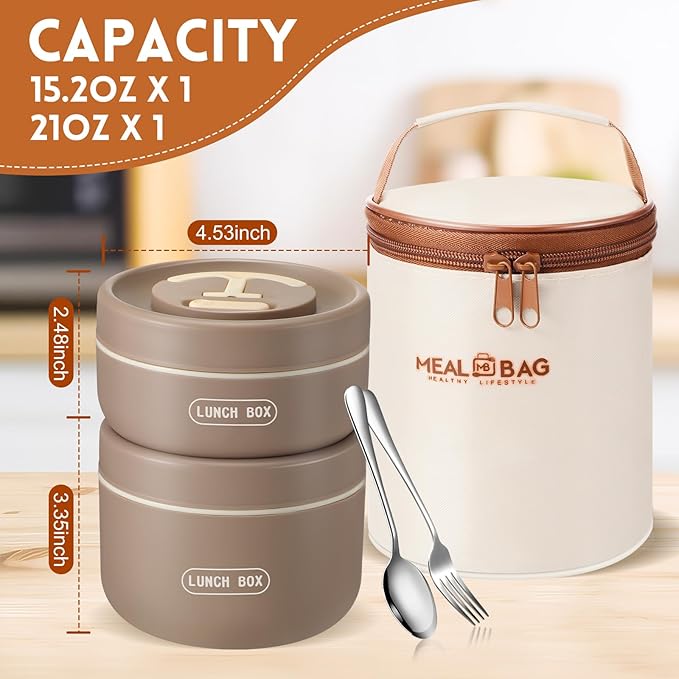 Dandat 2 Pcs Portable Insulated Lunch Containers Thermal Bento Box with Bag Fork Knife Microwavable Stainless Steel Lunch Box 15.2 oz 21 oz Separate Stackable Food Jar for Adult Men Women(Khaki)