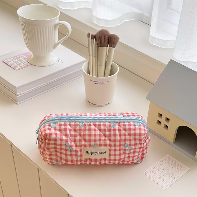 Carry bloom Pencil Pouch Cute Pencil Case for Girls Aesthetic Pencil Bag with Zipper Pen Cases School Supplies Makeup Bag (Checkered bow red)