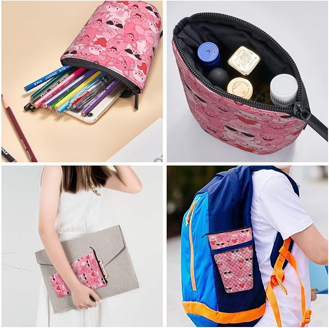 Funny Pink Pig Standing Pencil Case Cute Telescopic Stationary Pouch with Zipper Large Capacity Stand up Pen Bag Portable Makeup Holder for School Office Supplies