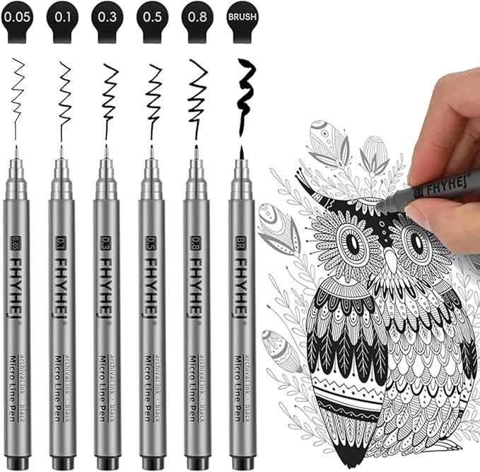Micro Fineliner Drawing Art Pens: 6 Black Fine Line Ink Set Artist Supplies Archival Inking Markers Liner Professional Sketch Outline Anime Sketching Artist Illustration Watercolor