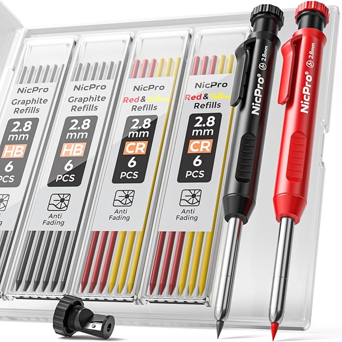 Nicpro Carpenter Pencil with Sharpener, Mechanical Pencils Set with 26 Refills, Deep Hole Marker for Construction, Heavy Duty Woodworking Tools for Architect (Black, Red) - With Case
