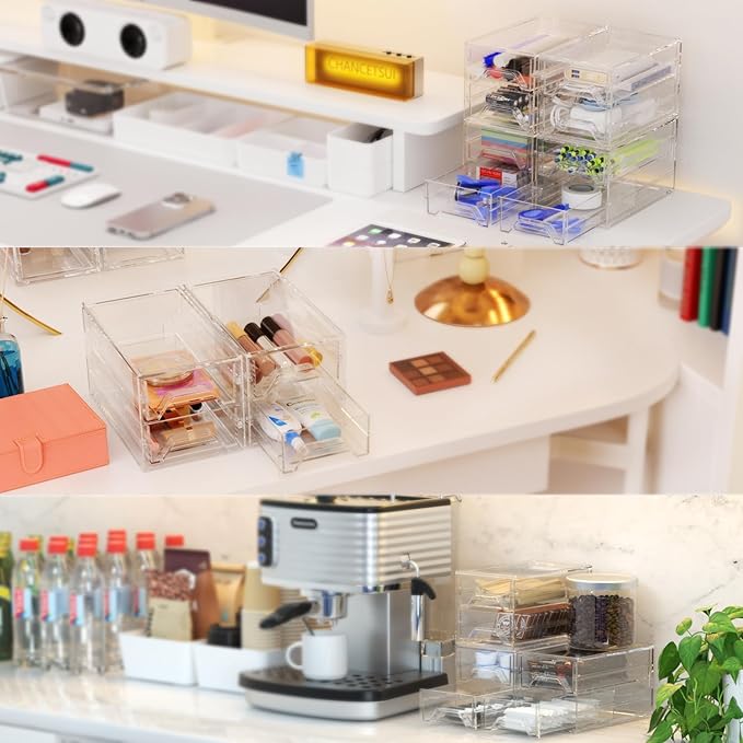 Clear Acrylic Desktop Organizer Drawers - Stackable Plastic Storage for Makeup, Craft Supplies, and Office Stationery - Transparent Vanity Cabinet & Aesthetic Desk Declutter Unit