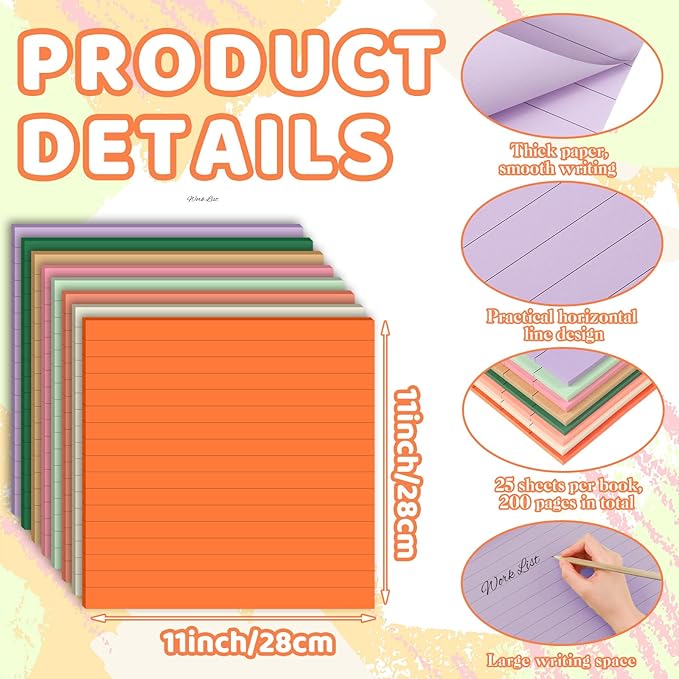 Qeeenar 8 Pads Big Sticky Notes 11 x 11 Inch Lined Jumbo Large Sticky Notes for Wall,Giant Strong Power Memo Square Post for Office, 25 Sheets/Pad (Stripe,Boho Color,8 Pcs)
