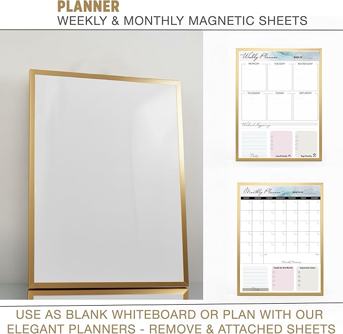 Magnetic Dry Erase Board 12x16 with Foldable Stand, Portable Gold Desktop Whiteboard for Home, Office, School & Kitchen, Includes Weekly & Monthly Magnetic Planner Sheets