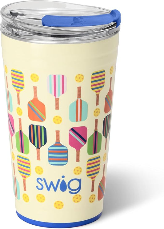 Swig Life 24oz Party Cup, Stackable Insulated Travel Coffee Tumbler with EZ Slider Lid, Cup Holder Friendly, Stainless Steel 24 oz Tumbler, Reusable Coffee Mug (Pickleball)