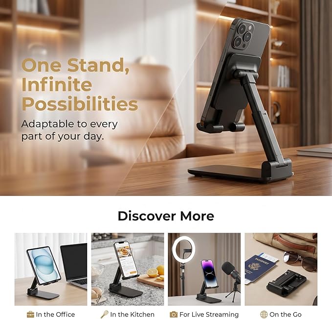 Phone Holder for Desk, MT-6 Cell Phone Stand for Desk Universal Cellphone Stand Holder Foldable & Height Adjustable Compatible Under 8” Device, with Silicone Mat, Black