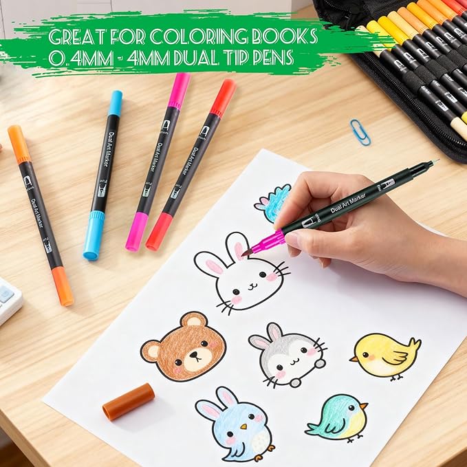 Coloring Markers for Adults/Teens/Kids, Dual Tip (Brush/Fine Point) Art Marker No Bleed/Non Bleeding, Gel Acrylic Paint Pen Set for Coloring Books,Sketching,Drawing,Rock Painting,Journaling. 36 Colors
