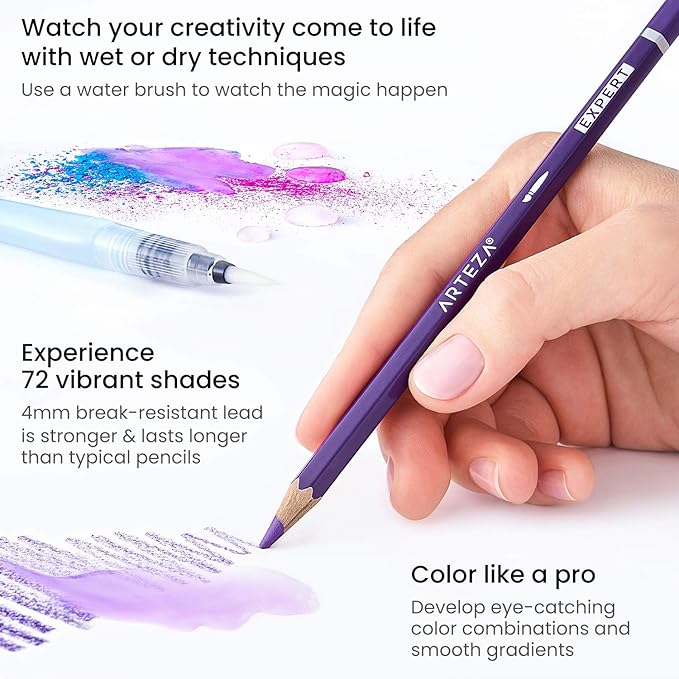 ARTEZA Watercolor Pencils, Set of 72, Water-Soluble Colored Pencils with 4 mm Break-Resistant Core, Pre-Sharpened Tips and Metal Tin for Drawing, Shading, Blending, and Wet or Dry Techniques