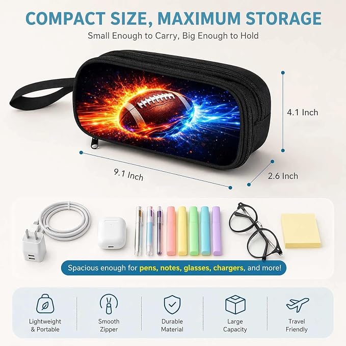 Firmiso Kids Pencil Case, Fire & Ice Football Graphic, Large Capacity Double Zipper Pencil Pouch with Compartments, Durable Polyester School Supplies Organizer, Back to School Essential