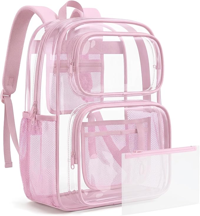 mommore Clear Backpack Set for School, Large Heavy Duty Transparent Bookbag with Pencil Bag for Boys Girls, 17 inch See Through PVC Plastic Backpack with DIY Patches for College Work Casual